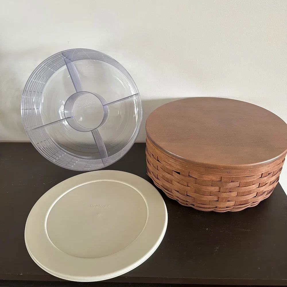 Longaberger Round Woven Basket Wood Lid Divided Bowl Lid 40454 Entertaining